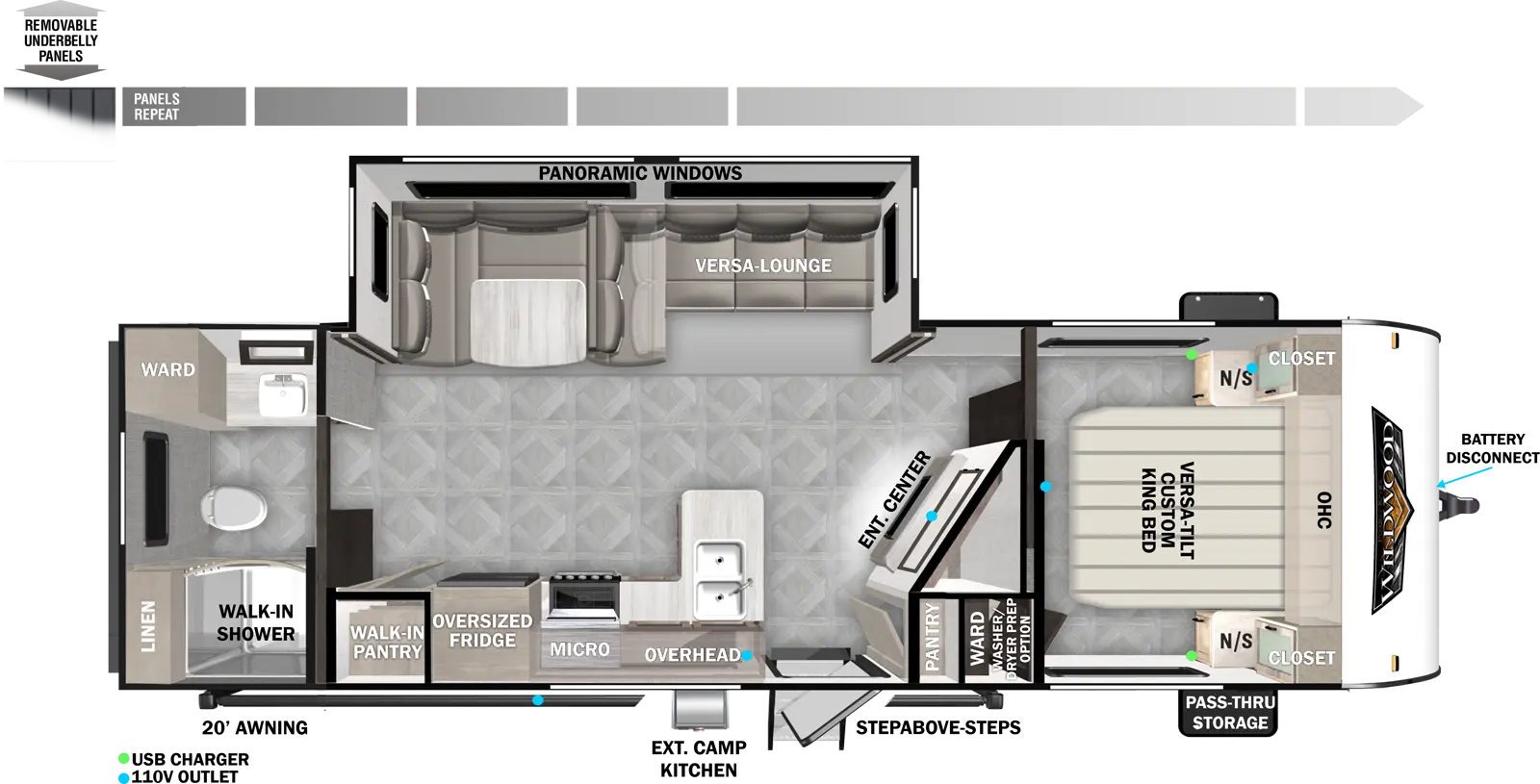 The 26RBS has one slideout and one entry. Exterior features include a 20 foot awning, exterior camp kitchen, step above entry steps, front pass-thru storage, battery disconnect, and removeable underbelly panels. Interior layout front to back: custom king bed with versa-tilt, closet and night stands on each side, overhead cabinet, and walk-in closet with washer/dryer prep option; entertainment center with fireplace on angled inner wall; off-door side slideout with versa lounge/u-dinette and panoramic windows; door side pantry, entry, peninsula kitchen counter with sink, overhead cabinets, microwave, oversized refrigerator, and walk-in pantry; rear full bathroom with wardrobe, linen cabinet, and walk-in shower.